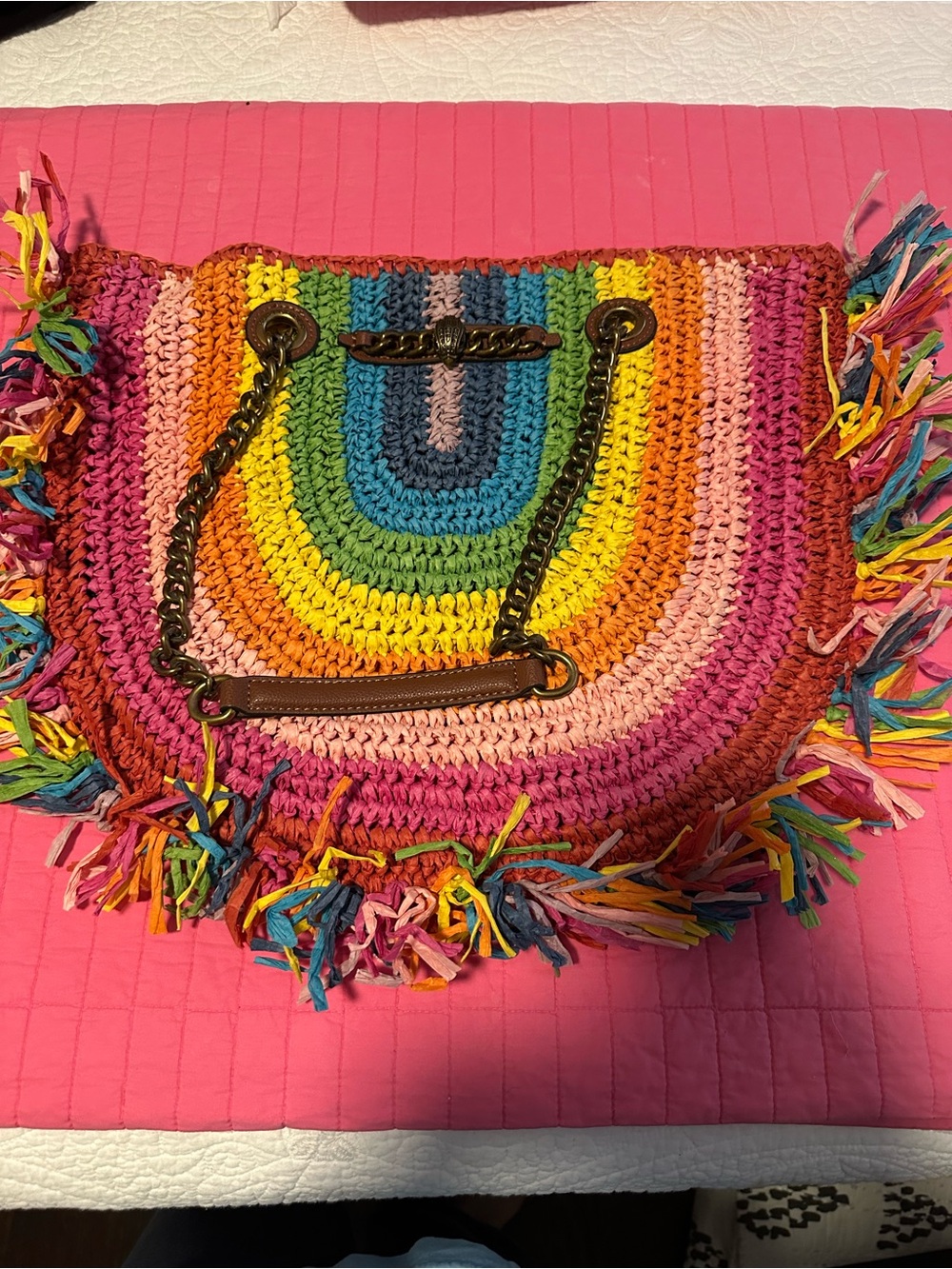 Kurt Geiger Multicolor Crochet Fringe Tote - Pink, Yellow, Blue, Green
